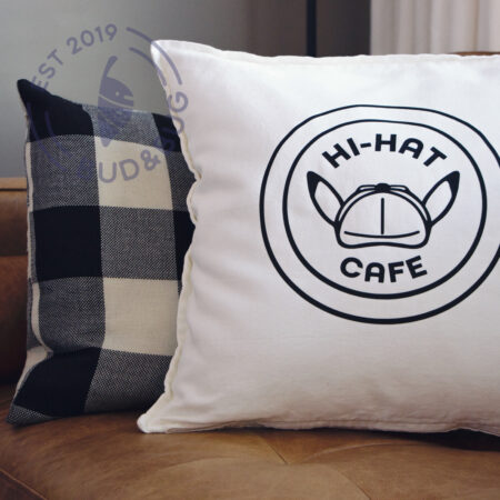 Hi-Hat Cafe Pillow - White Cover, Black HTV